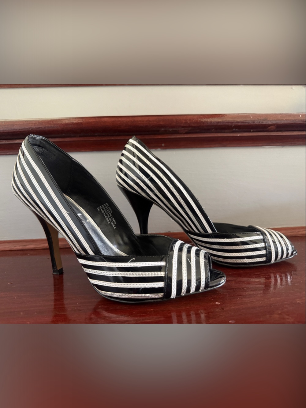 White House Black Market Black and White Striped Peep-Toe Heels